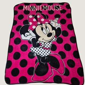 Disney Minnie Mouse Throw Blanket Kids Pink Black Polka Dot Fleece Soft Cozy